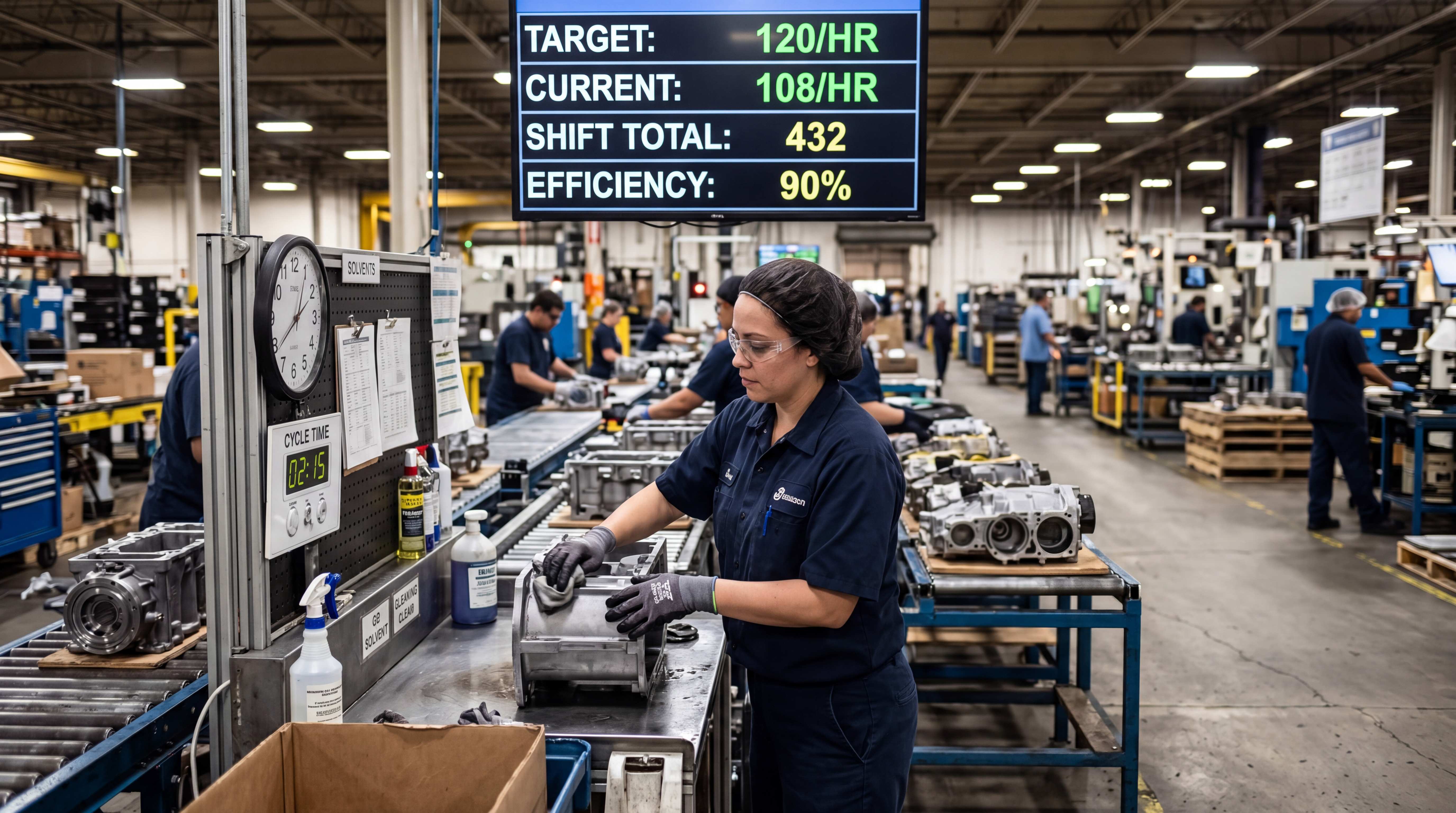 Production-line operator using a solvent cleaning step under efficiency targets, illustrating that buyers care about process rhythm as much as chemistry